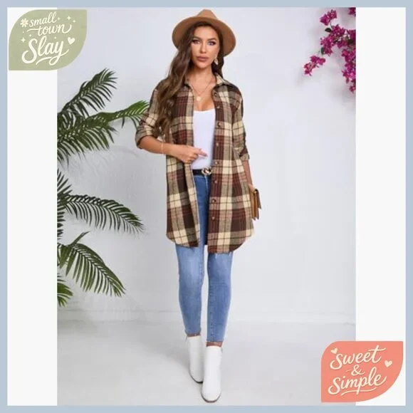 Women's Flannel Button-Down Shirt Long Sleeve Loose Fit Plaid Top - Picture 2 of 7